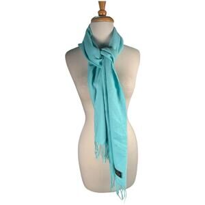Vintage 100% Cashmere Scarf Made in England Aqua Blue Fringe Wrap Old Money Chic